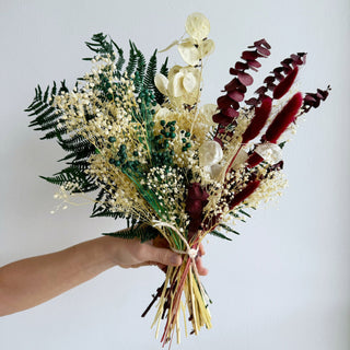 Claret & Pine dried flower bouquet in claret red and deep pine green, Winter '26 Edit by House of Lilac