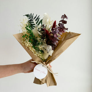 Claret & Pine dried flower petit bouquet in claret red and deep pine green, Winter '26 Edit by House of Lilac