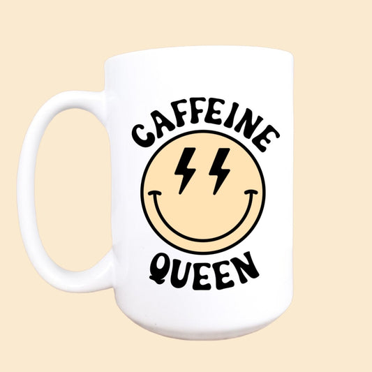 15oz Caffeine queen ceramic coffee mug, happy face mug - houseoflilac